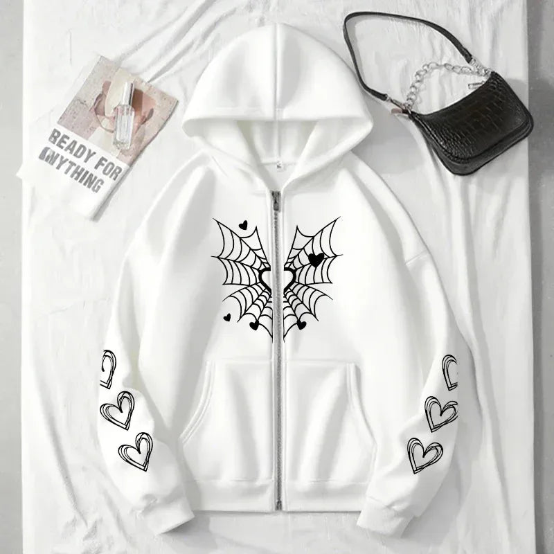 2026 Hot Sale Women's Hoodie Cute Spider Web Heart Print Zip-up Sweatshirt All Season Female Urban Casual Fashion Hooded Jackets - cankarfashion