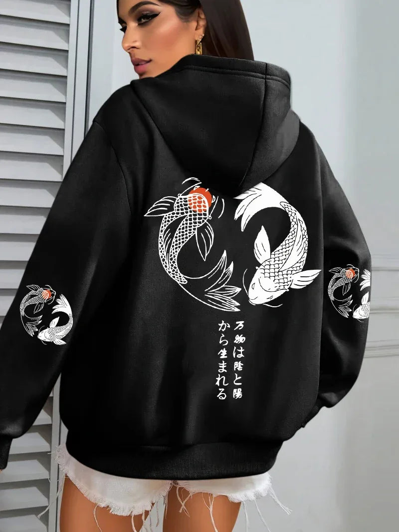 Japanese Koi Harajuku Illustration Prints Women Hoodie Loose Y2K Hoody Multicolor Autumn Hoodies Fleece Soft Woman Sportswear - cankarfashion