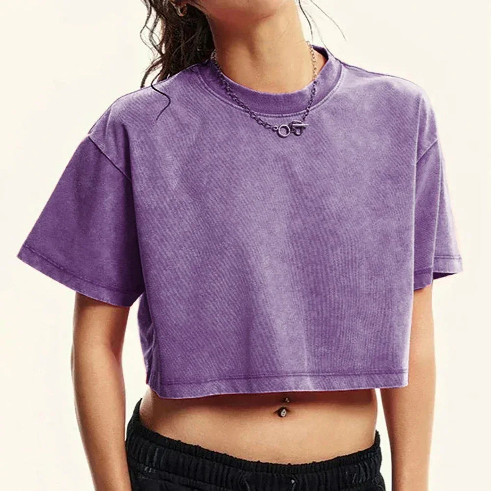 Solid Slim Washed T-Shirt Female Fashion Soft Cotton Streetwear Casual Sport Short Sleeve Cool Retro Crop Clothing For Women - cankarfashion