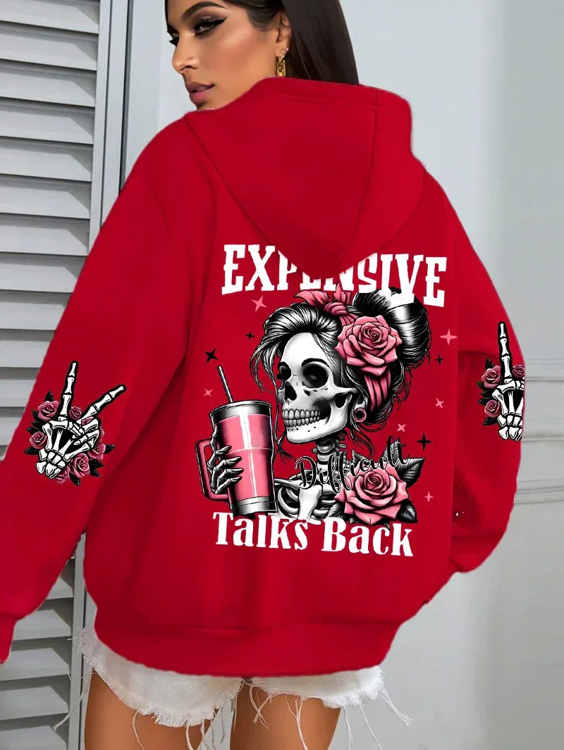 Expensive Talks Back Funny Printing Womens Hoodie Loose Multicolor Pullovers Fleece Autumn Sportswear Casual Pocket Hoody - cankarfashion