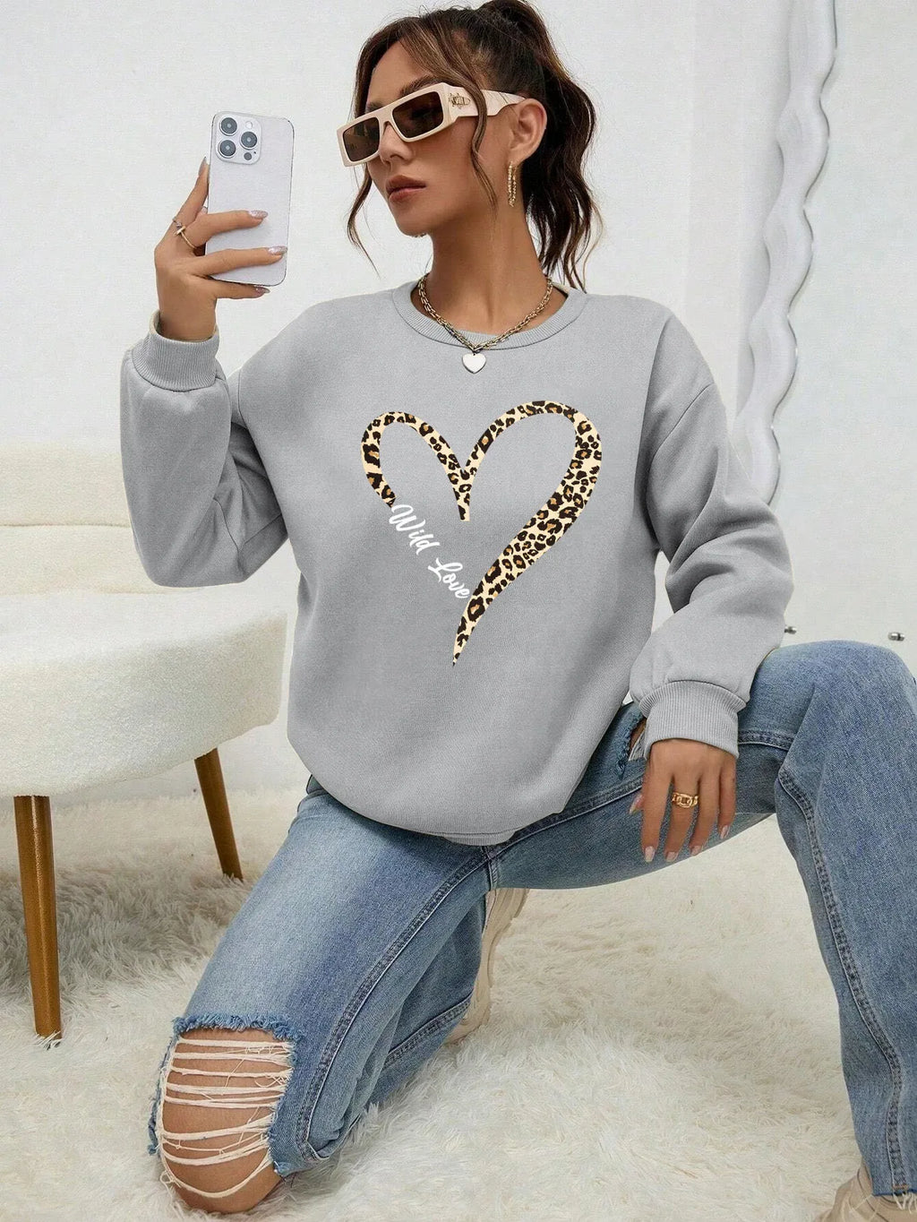 Leopard Wild Heart Pattern Print Female Sweatshirt Street Fur-Liner Pullovers Hipster Clothing All-Match Crewneck Tracksuit - cankarfashion