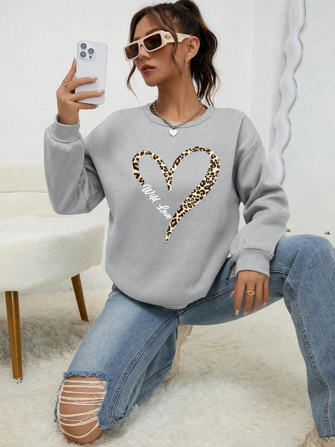 Leopard Wild Heart Pattern Print Female Sweatshirt Street Fur-Liner Pullovers Hipster Clothing All-Match Crewneck Tracksuit - cankarfashion