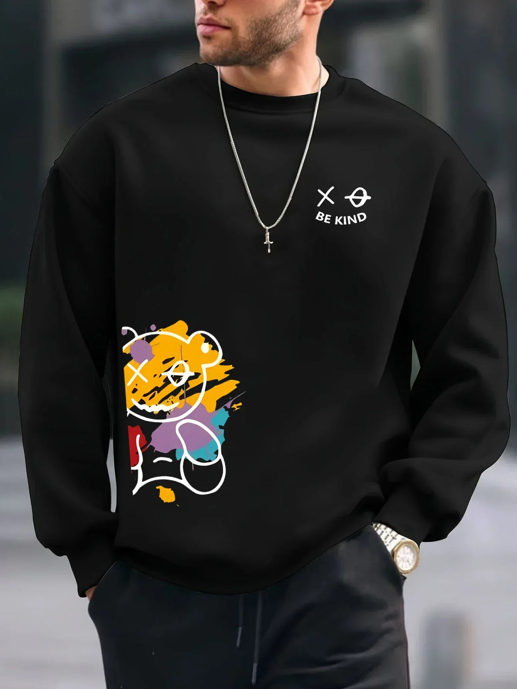 Men's autumn and winter fashionable casual loose BE KING bear cartoon printed fleece pullover round neck long sleeved sweatshirt - cankarfashion