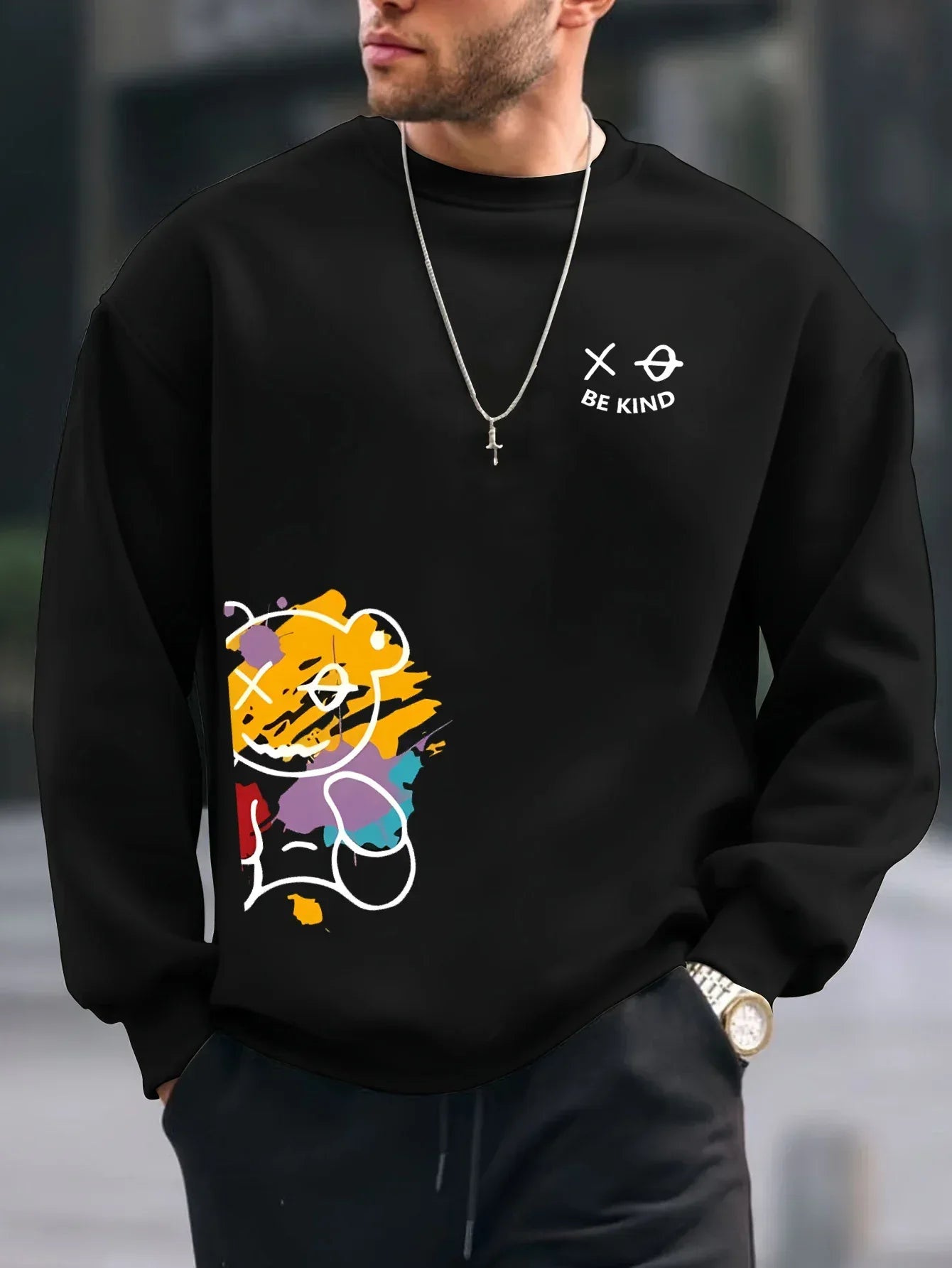 Men's autumn and winter fashionable casual loose BE KING bear cartoon printed fleece pullover round neck long sleeved sweatshirt - cankarfashion