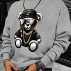 Men's autumn and winter fashionable casual loose cool bear cartoon graphic print fleece long sleeved round neck sweatshirt - cankarfashion