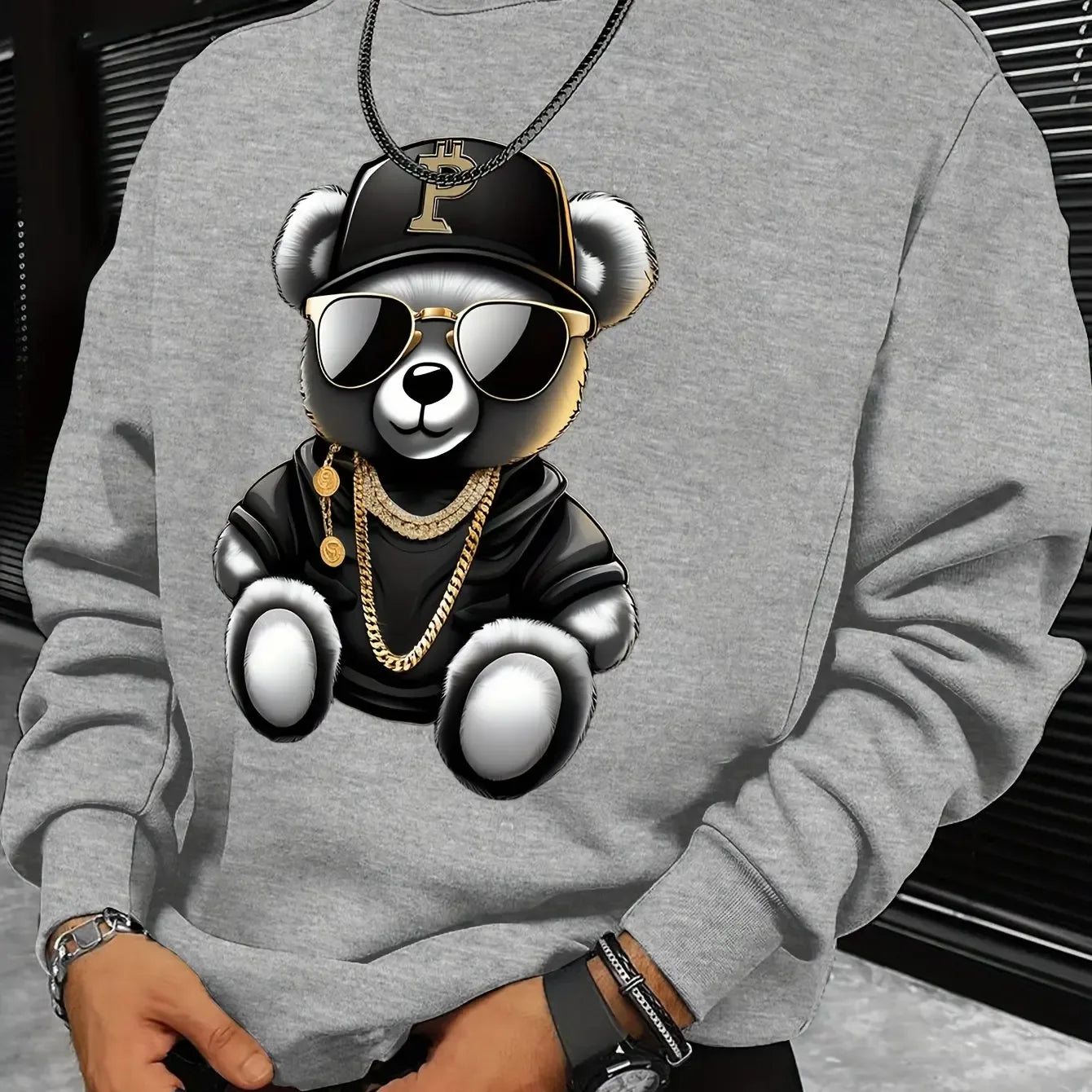 Men's autumn and winter fashionable casual loose cool bear cartoon graphic print fleece long sleeved round neck sweatshirt - cankarfashion