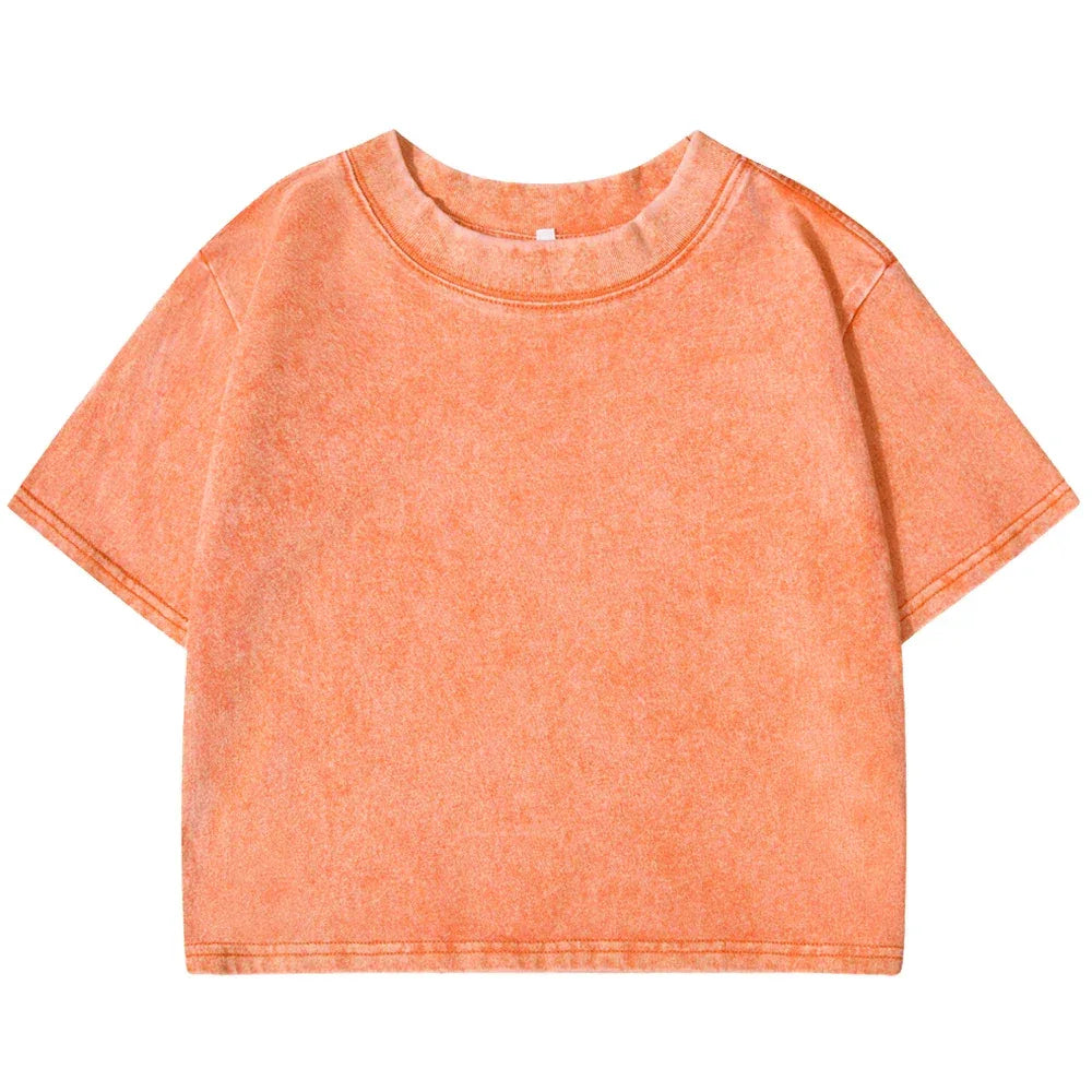 Solid Slim Washed T-Shirt Female Fashion Soft Cotton Streetwear Casual Sport Short Sleeve Cool Retro Crop Clothing For Women - cankarfashion