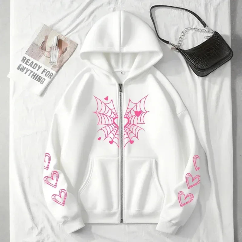 2026 Hot Sale Women's Hoodie Cute Spider Web Heart Print Zip-up Sweatshirt All Season Female Urban Casual Fashion Hooded Jackets - cankarfashion