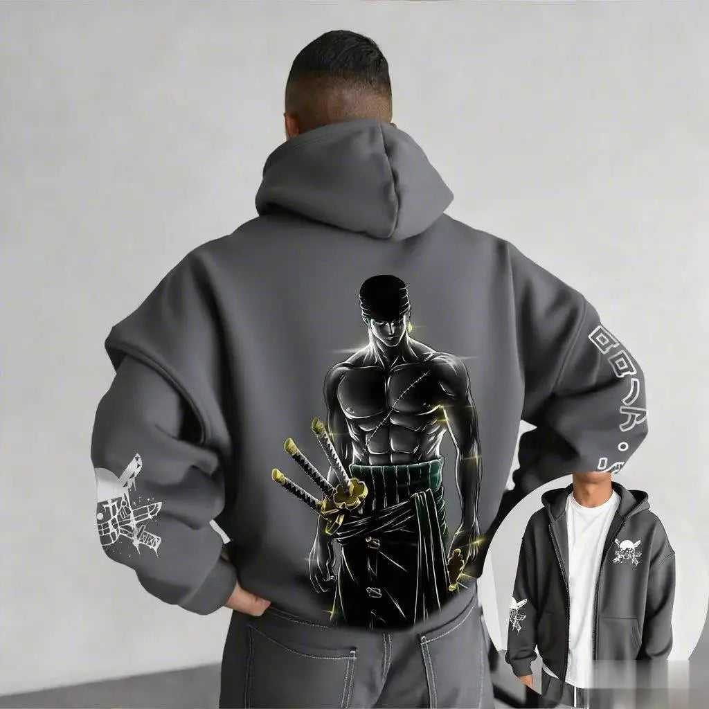 One Piece Zoro Oversized Vintage Zip Hoodie for Men & Women