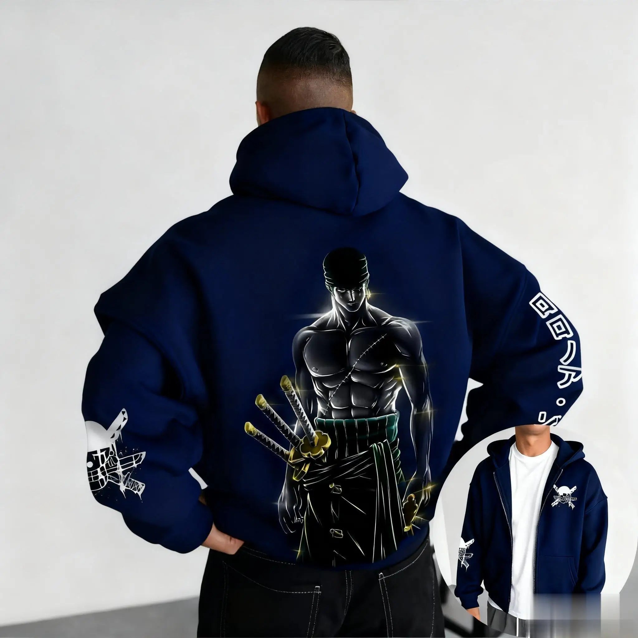 One Piece Zoro Oversized Vintage Zip Hoodie for Men & Women