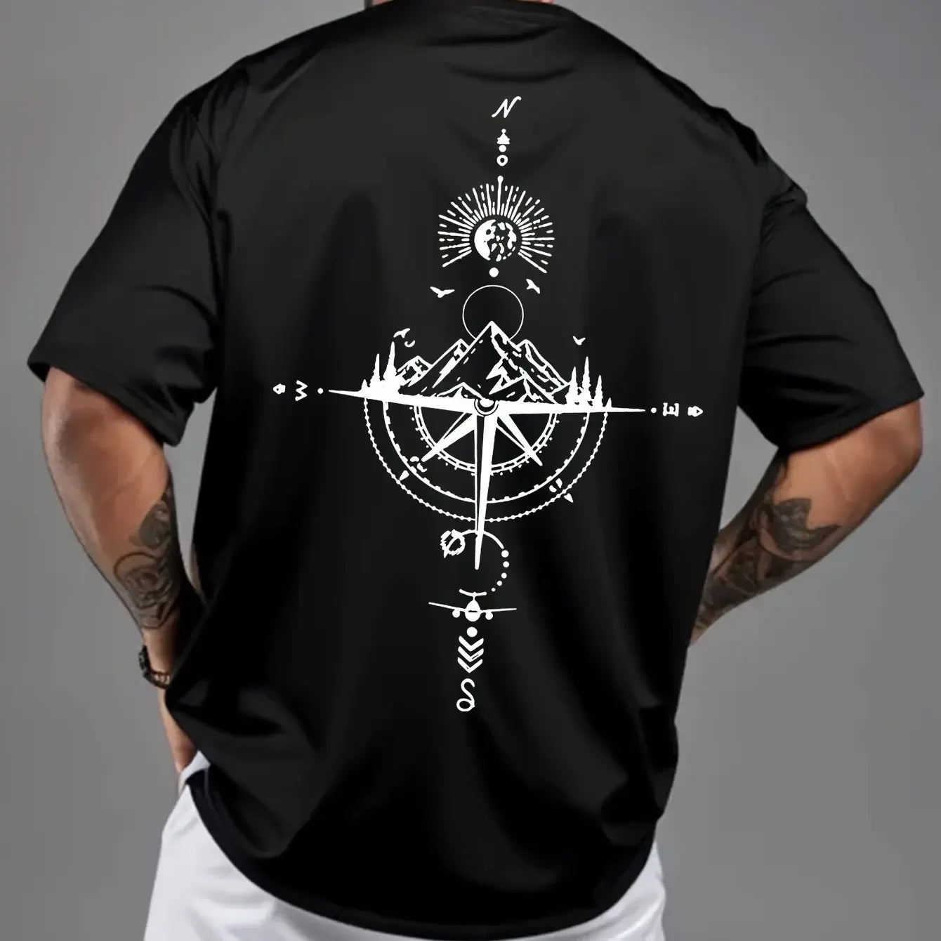 Summer men's 100% pure cotton casual sports loose oversized retro compass printed comfortable round neck short sleeved T-shirt - cankarfashion