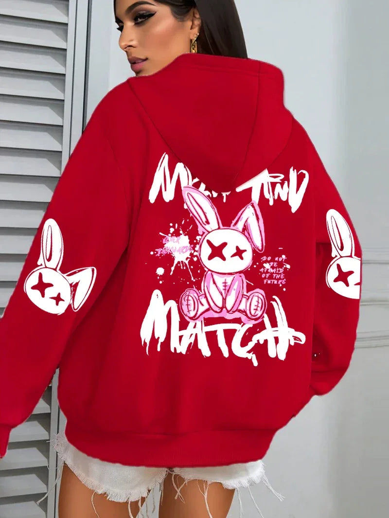 Mix And Match Cartoon Rabbit Prints Women Hoodie Pocket Streetwear Harajuku Loose Hoody All-Match Fleece Female Clothing - cankarfashion