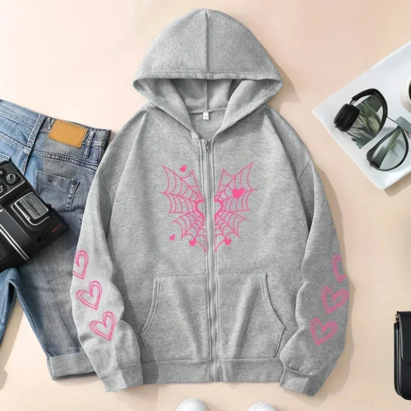 2026 Hot Sale Women's Hoodie Cute Spider Web Heart Print Zip-up Sweatshirt All Season Female Urban Casual Fashion Hooded Jackets - cankarfashion