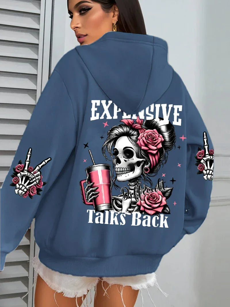 Expensive Talks Back Funny Printing Womens Hoodie Loose Multicolor Pullovers Fleece Autumn Sportswear Casual Pocket Hoody - cankarfashion