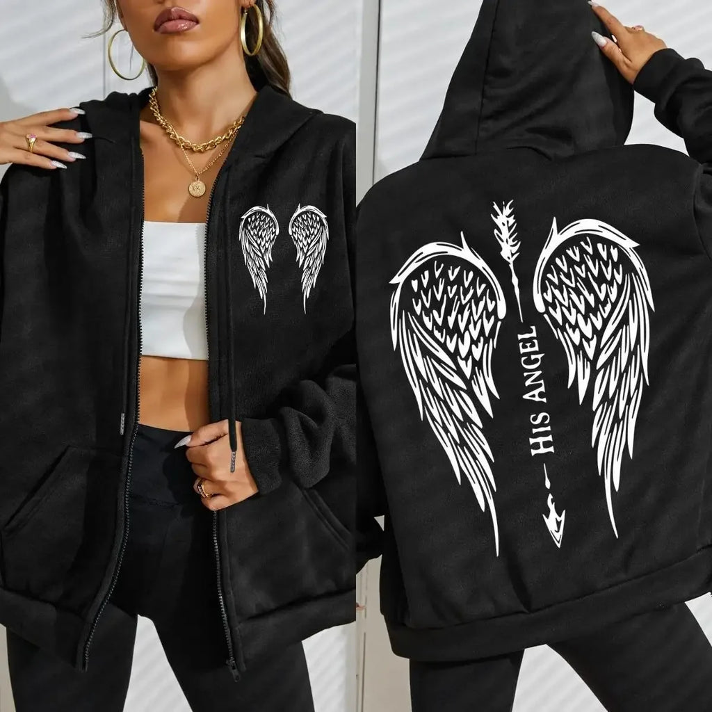 His Angel Creative Wings Art Letter Printing Zipper Hoodies Woman Y2K Hoodie Casual Soft Hoody Fleece Comfortable Streetwear - cankarfashion