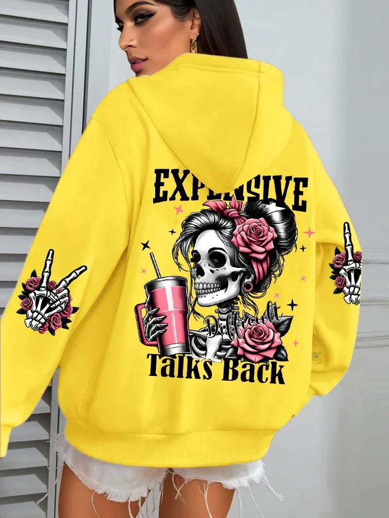 Expensive Talks Back Funny Printing Womens Hoodie Loose Multicolor Pullovers Fleece Autumn Sportswear Casual Pocket Hoody - cankarfashion
