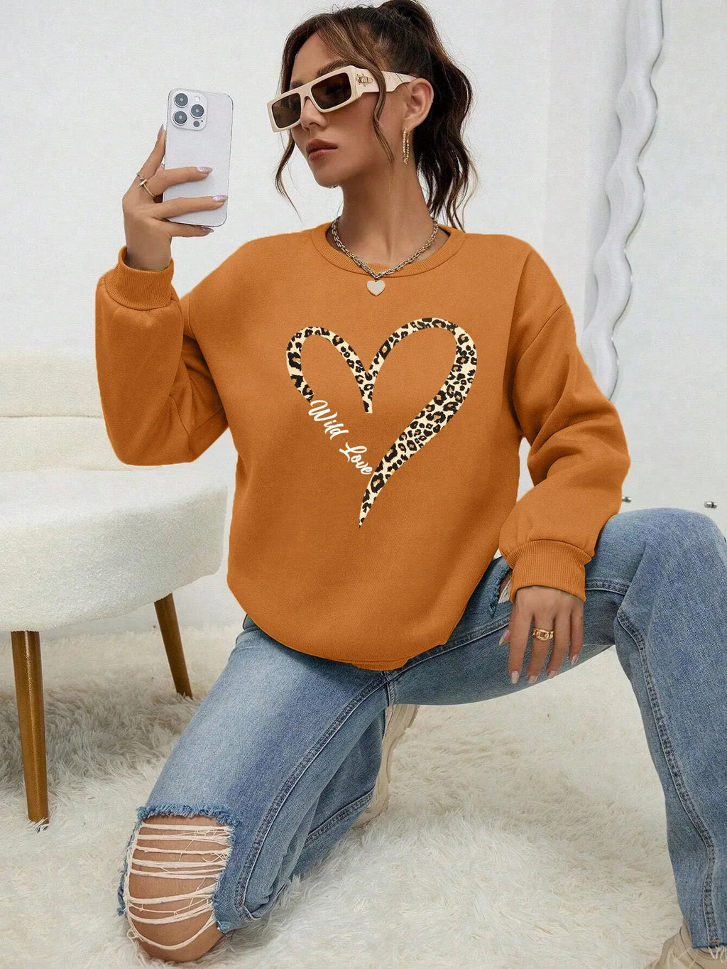 Leopard Wild Heart Pattern Print Female Sweatshirt Street Fur-Liner Pullovers Hipster Clothing All-Match Crewneck Tracksuit - cankarfashion