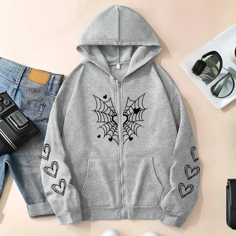 2026 Hot Sale Women's Hoodie Cute Spider Web Heart Print Zip-up Sweatshirt All Season Female Urban Casual Fashion Hooded Jackets - cankarfashion