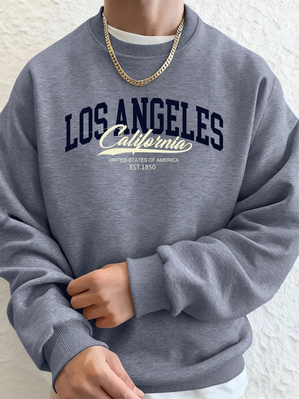 Los Angeles California Printed Men Sweatshirt Winter Fleece Warm Hoodies Korean Loose Crewneck Pullover Hip Hop Male Clothes - cankarfashion