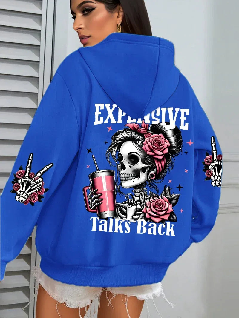Expensive Talks Back Funny Printing Womens Hoodie Loose Multicolor Pullovers Fleece Autumn Sportswear Casual Pocket Hoody - cankarfashion