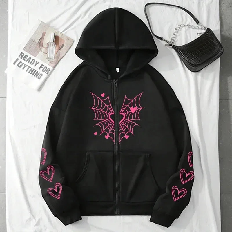 2026 Hot Sale Women's Hoodie Cute Spider Web Heart Print Zip-up Sweatshirt All Season Female Urban Casual Fashion Hooded Jackets - cankarfashion