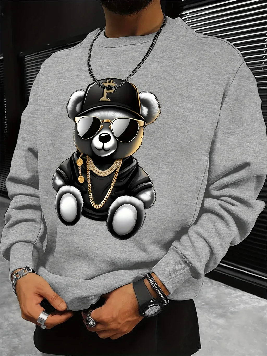 Men's autumn and winter fashionable casual loose cool bear cartoon graphic print fleece long sleeved round neck sweatshirt - cankarfashion