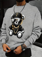 Men's autumn and winter fashionable casual loose cool bear cartoon graphic print fleece long sleeved round neck sweatshirt - cankarfashion
