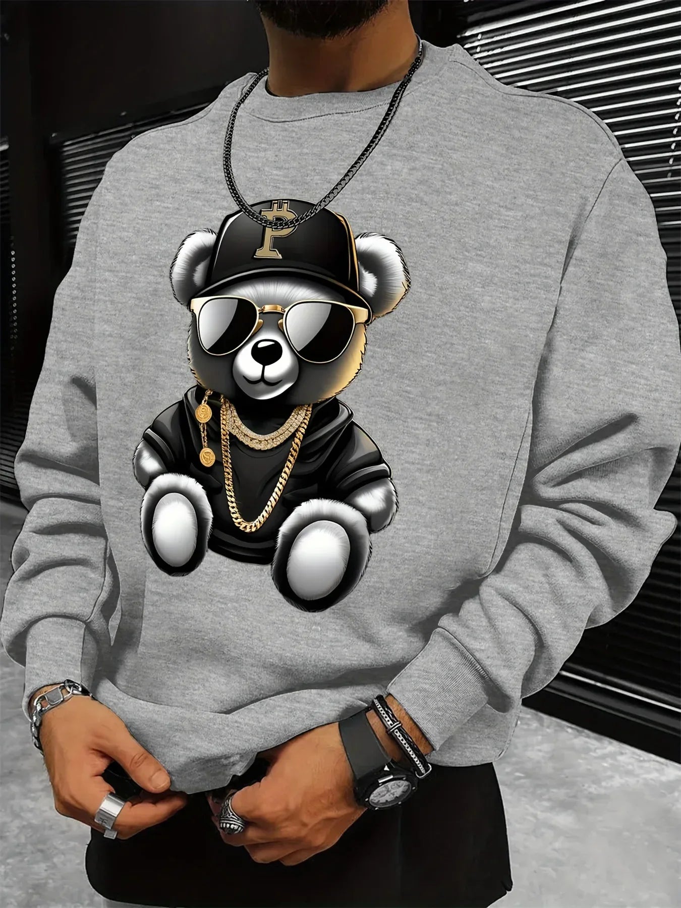 Men's autumn and winter fashionable casual loose cool bear cartoon graphic print fleece long sleeved round neck sweatshirt - cankarfashion