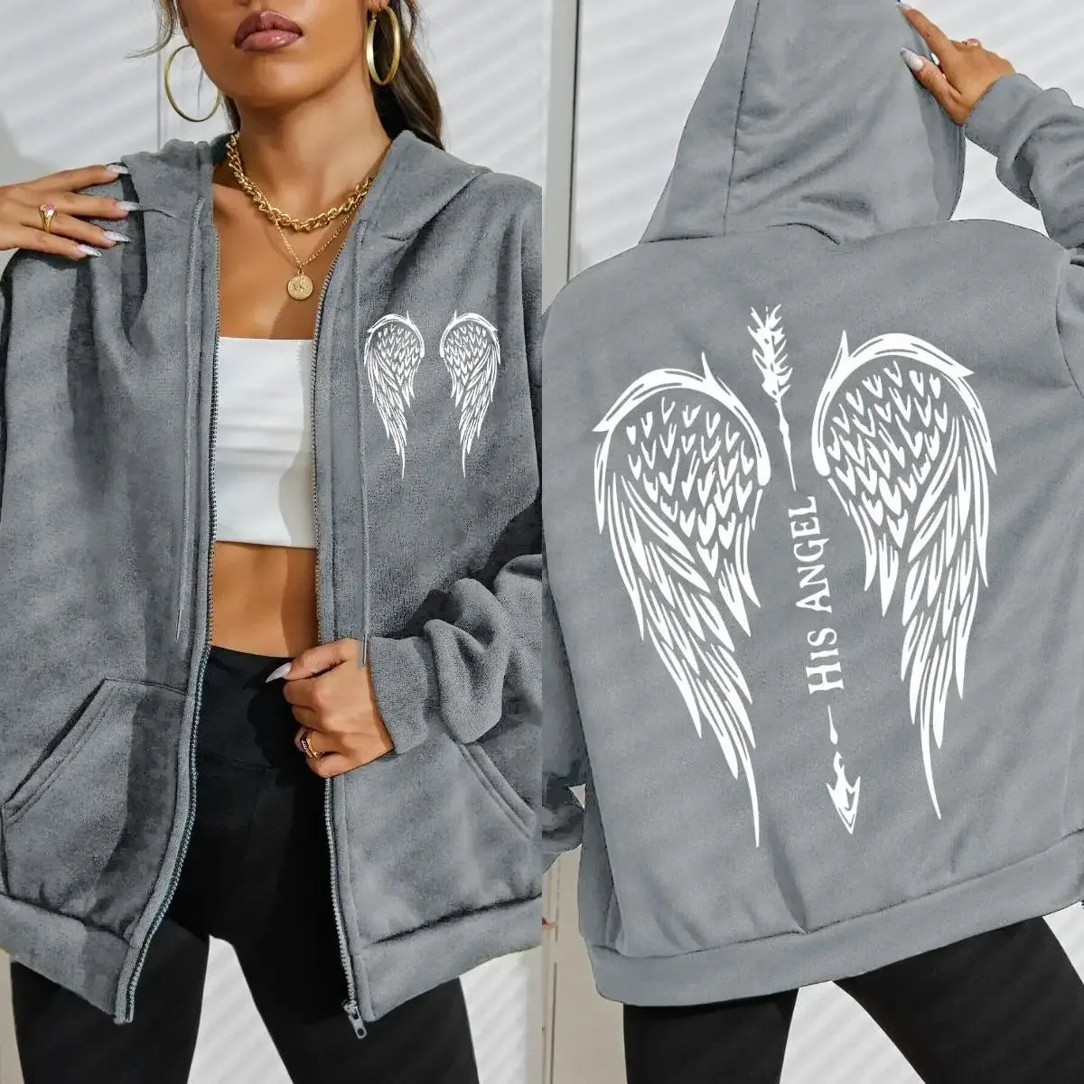 His Angel Creative Wings Art Letter Printing Zipper Hoodies Woman Y2K Hoodie Casual Soft Hoody Fleece Comfortable Streetwear - cankarfashion