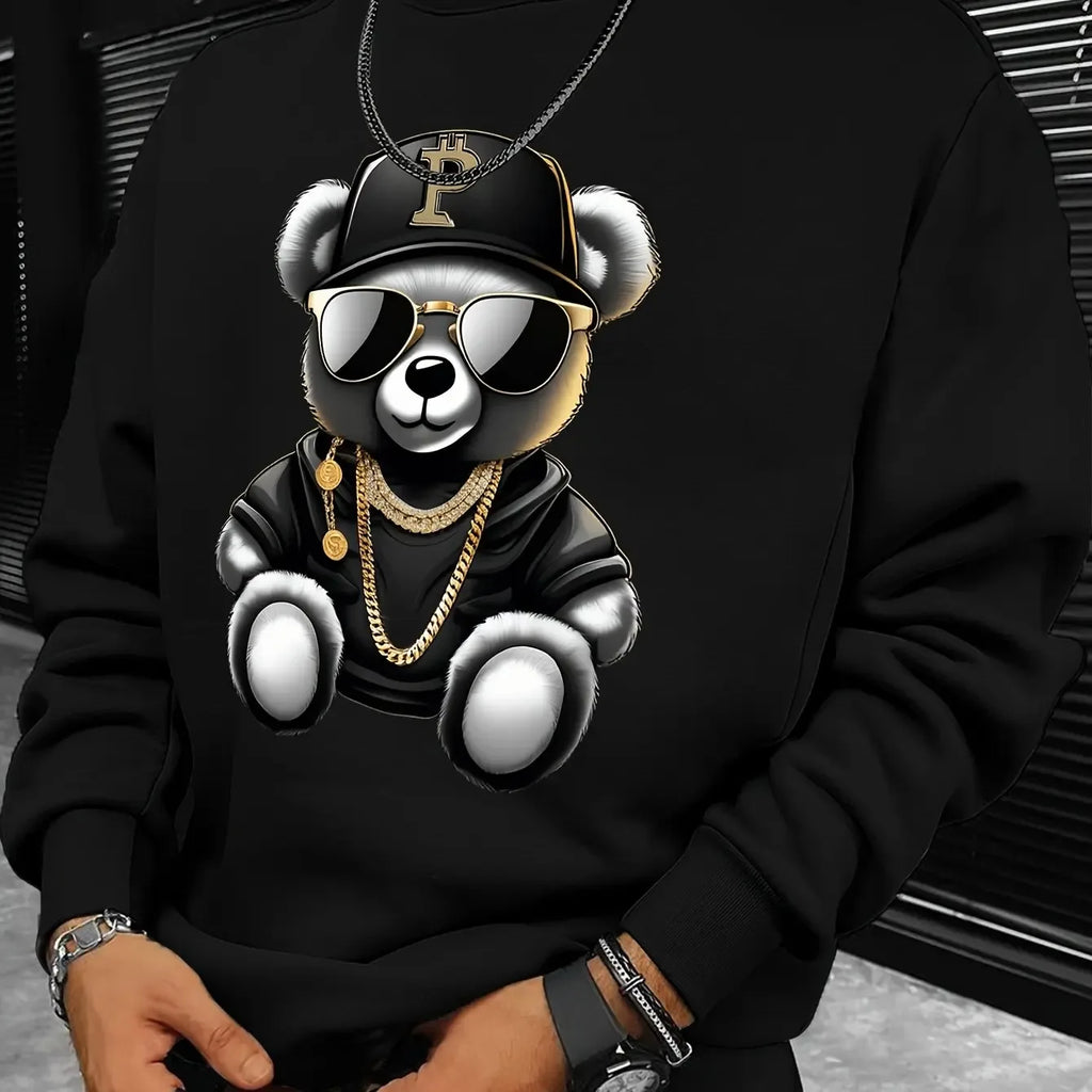 Men's autumn and winter fashionable casual loose cool bear cartoon graphic print fleece long sleeved round neck sweatshirt - cankarfashion