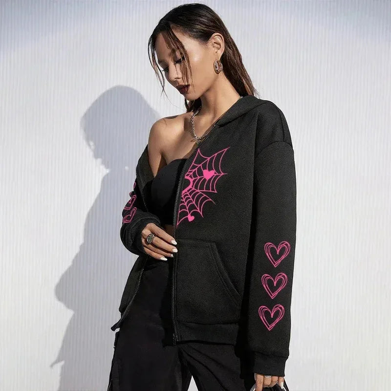 2026 Hot Sale Women's Hoodie Cute Spider Web Heart Print Zip-up Sweatshirt All Season Female Urban Casual Fashion Hooded Jackets - cankarfashion