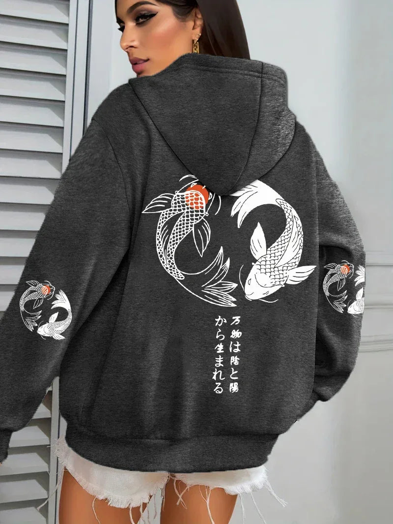 Japanese Koi Harajuku Illustration Prints Women Hoodie Loose Y2K Hoody Multicolor Autumn Hoodies Fleece Soft Woman Sportswear - cankarfashion