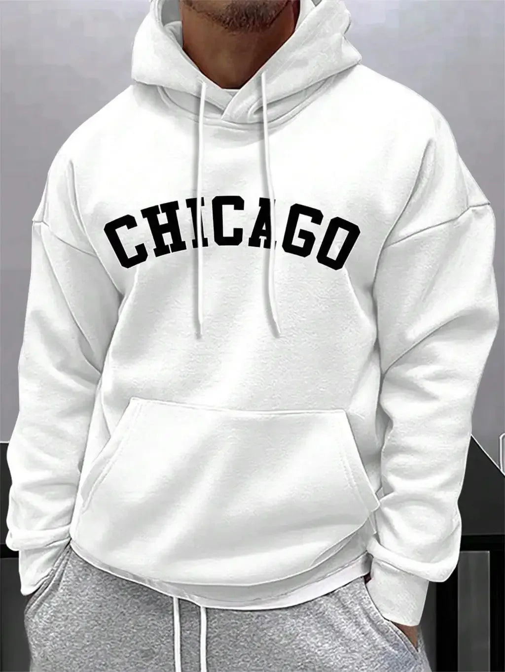 Street Letter Chicago Printing Hoodies For Men Pocket Drawstring Pullovers Thermal Fleece Soft Sweatshirts Autumn Casual Clothes - cankarfashion