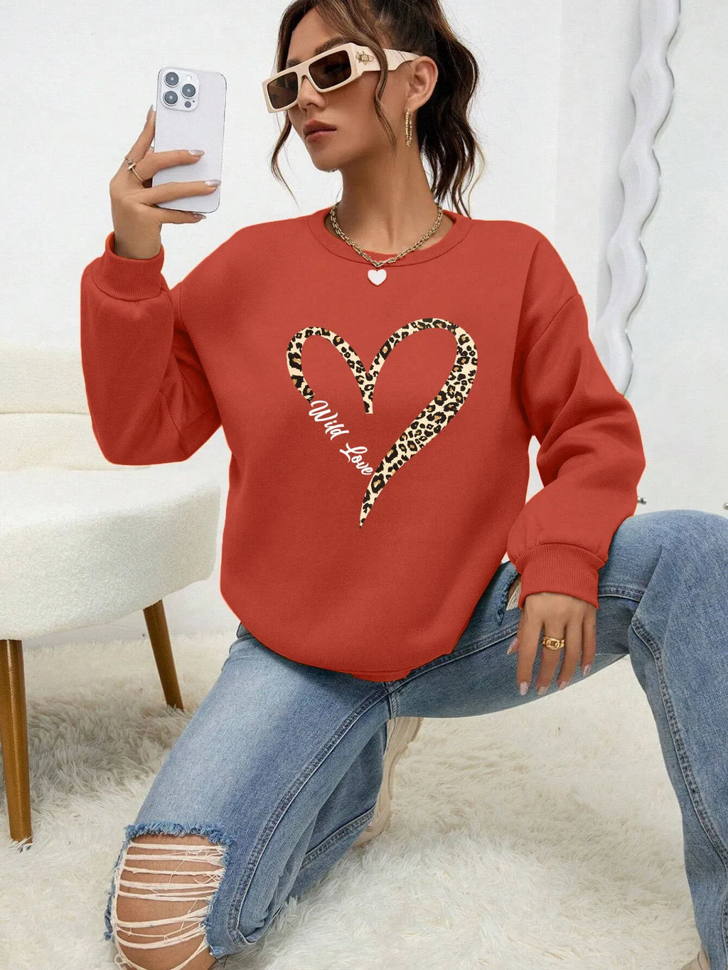 Leopard Wild Heart Pattern Print Female Sweatshirt Street Fur-Liner Pullovers Hipster Clothing All-Match Crewneck Tracksuit - cankarfashion