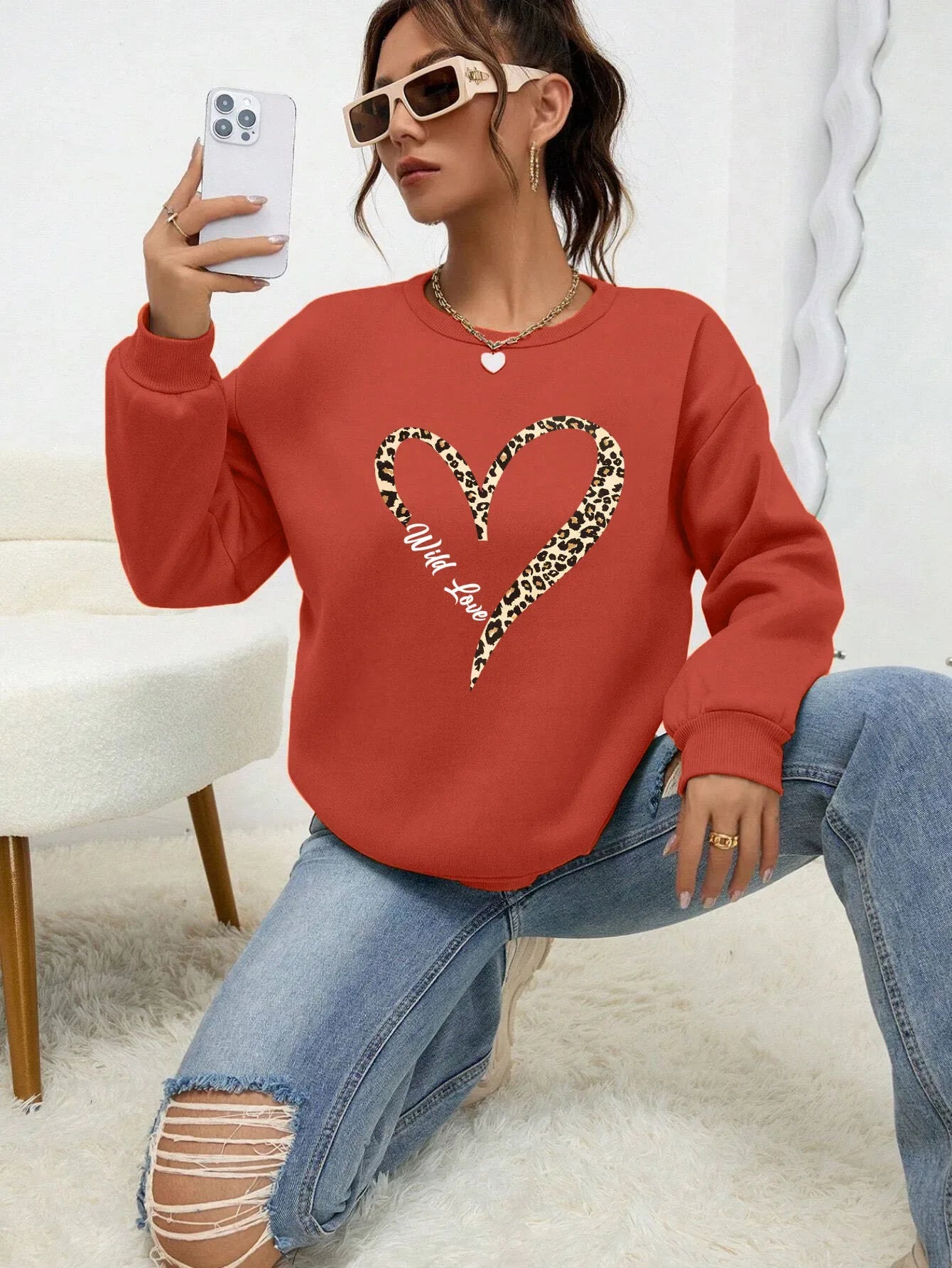 Leopard Wild Heart Pattern Print Female Sweatshirt Street Fur-Liner Pullovers Hipster Clothing All-Match Crewneck Tracksuit - cankarfashion
