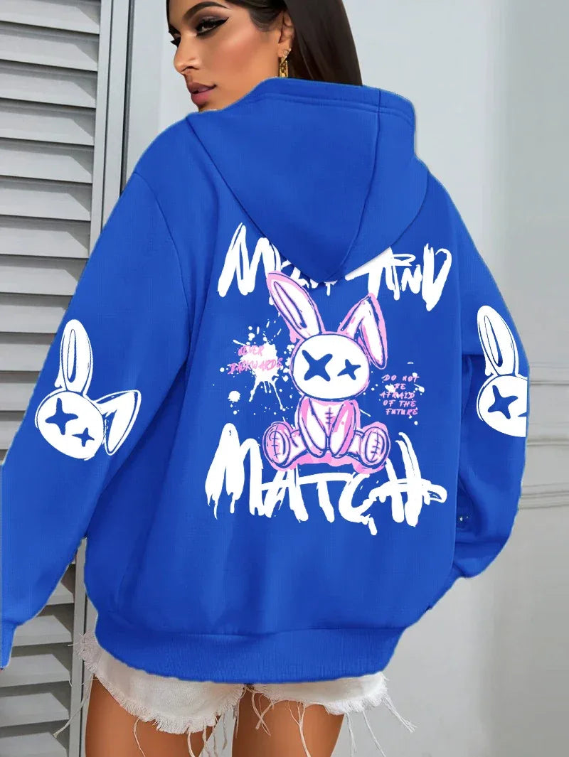Mix And Match Cartoon Rabbit Prints Women Hoodie Pocket Streetwear Harajuku Loose Hoody All-Match Fleece Female Clothing - cankarfashion