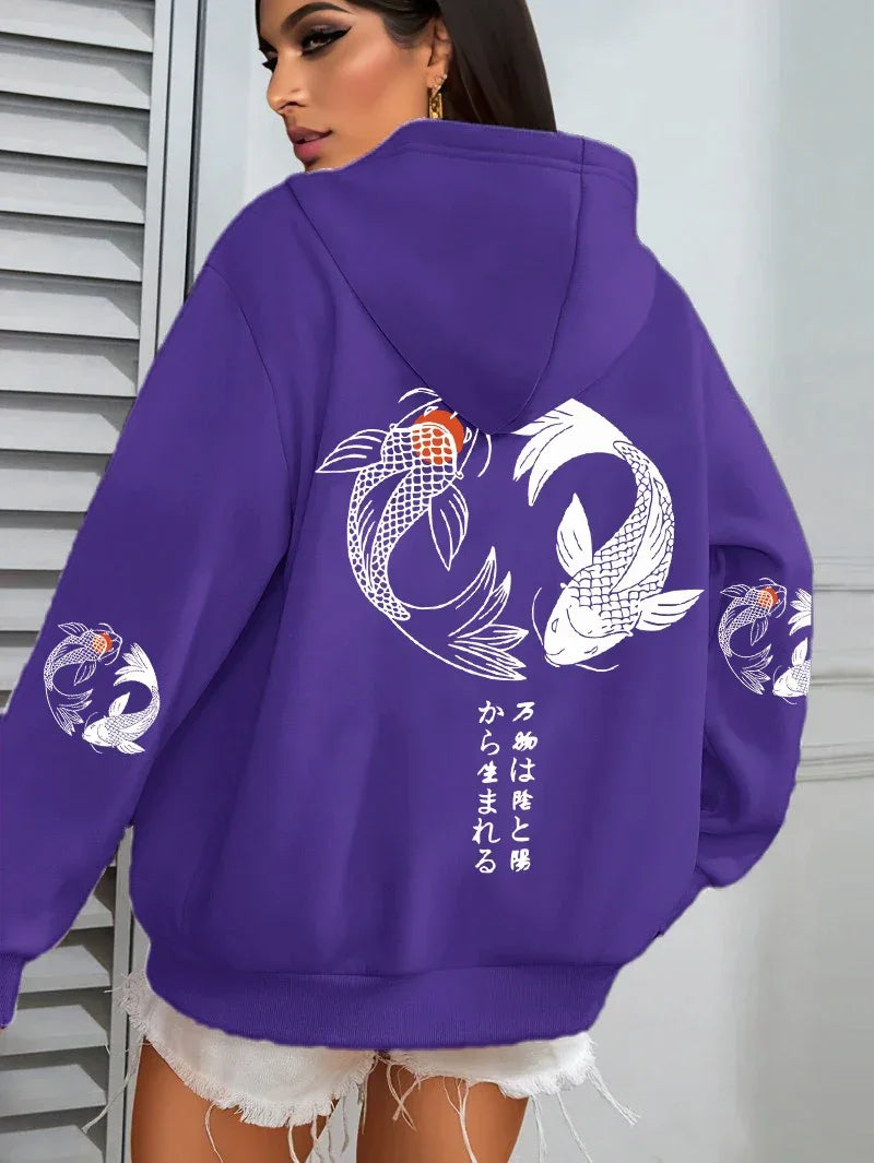 Japanese Koi Harajuku Illustration Prints Women Hoodie Loose Y2K Hoody Multicolor Autumn Hoodies Fleece Soft Woman Sportswear - cankarfashion