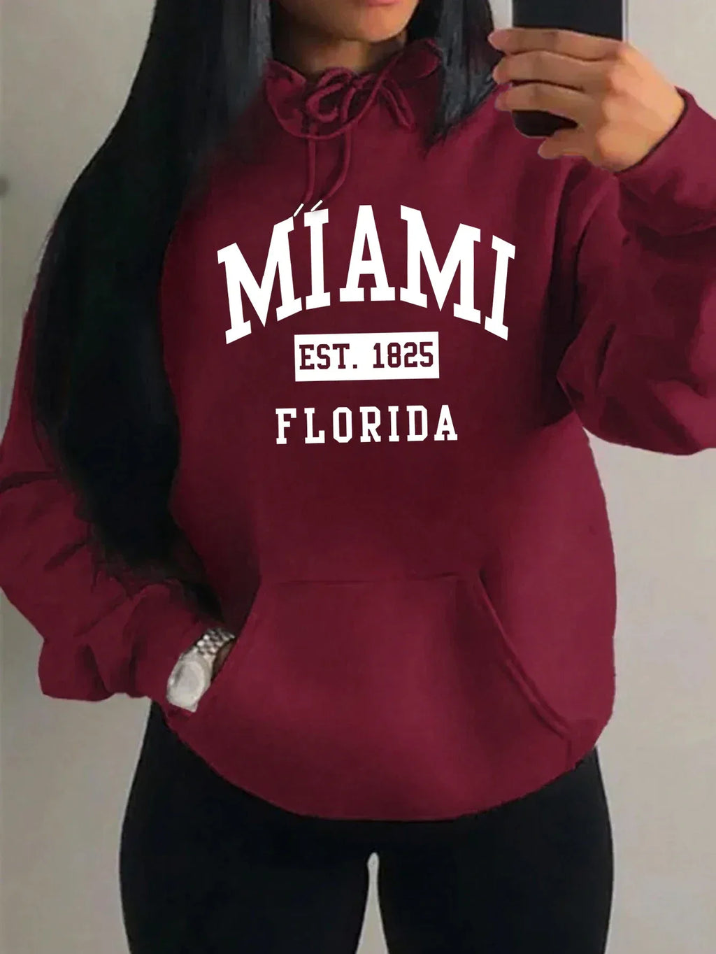 Miami Est 1825 City Art Letter Prints Women Hoodie Pocket Streetwear Harajuku Loose Hoody All-Match Fleece Female Clothing - cankarfashion