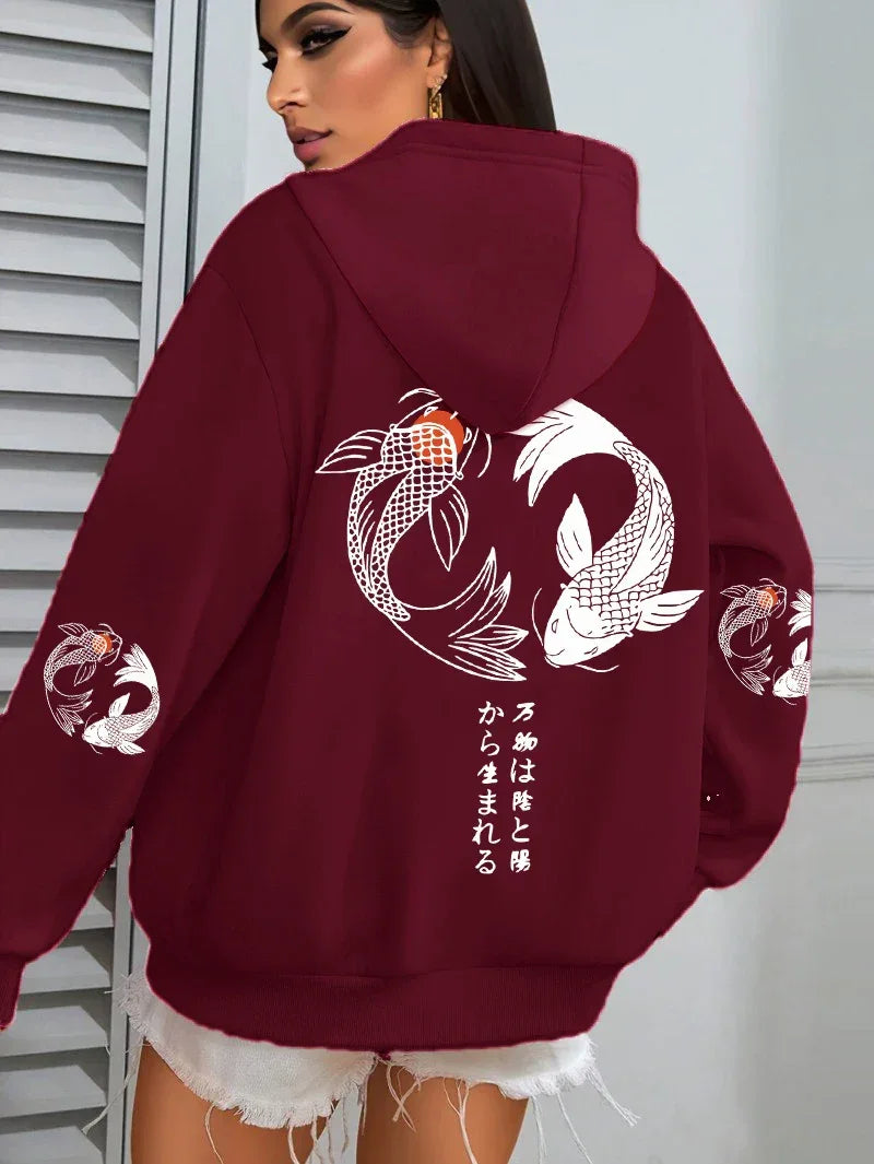 Japanese Koi Harajuku Illustration Prints Women Hoodie Loose Y2K Hoody Multicolor Autumn Hoodies Fleece Soft Woman Sportswear - cankarfashion