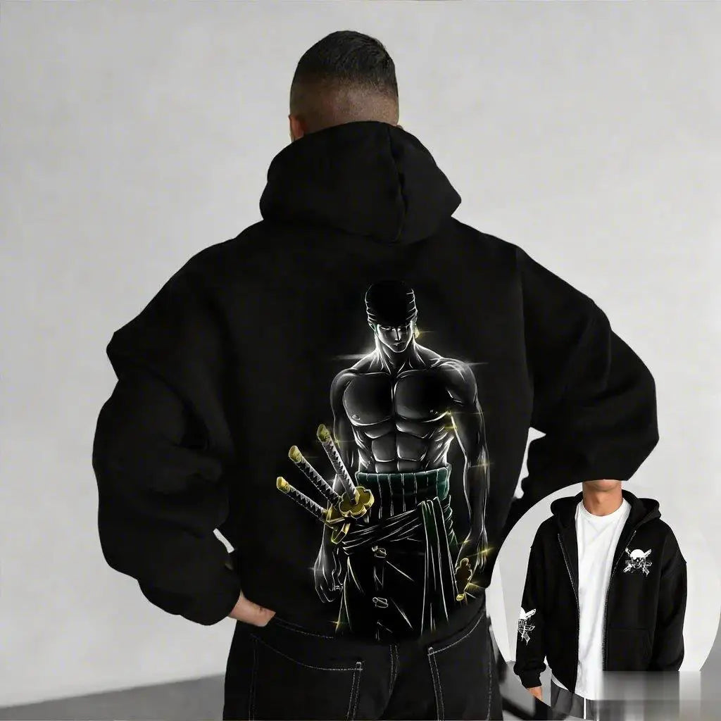 One Piece Zoro Oversized Vintage Zip Hoodie for Men & Women