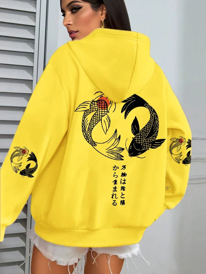 Japanese Koi Harajuku Illustration Prints Women Hoodie Loose Y2K Hoody Multicolor Autumn Hoodies Fleece Soft Woman Sportswear - cankarfashion