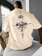 Summer men's 100% pure cotton casual sports loose oversized retro compass printed comfortable round neck short sleeved T-shirt - cankarfashion
