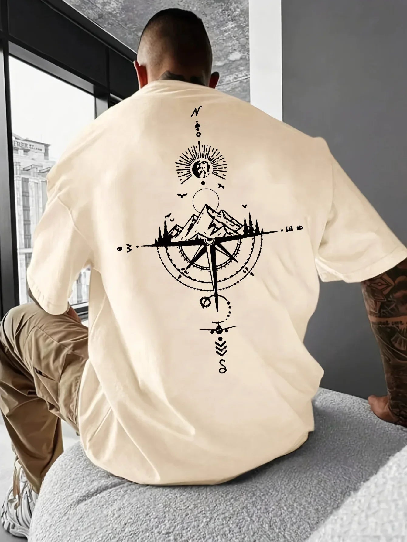 Summer men's 100% pure cotton casual sports loose oversized retro compass printed comfortable round neck short sleeved T-shirt - cankarfashion