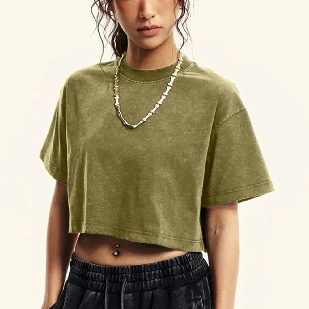 Solid Slim Washed T-Shirt Female Fashion Soft Cotton Streetwear Casual Sport Short Sleeve Cool Retro Crop Clothing For Women - cankarfashion