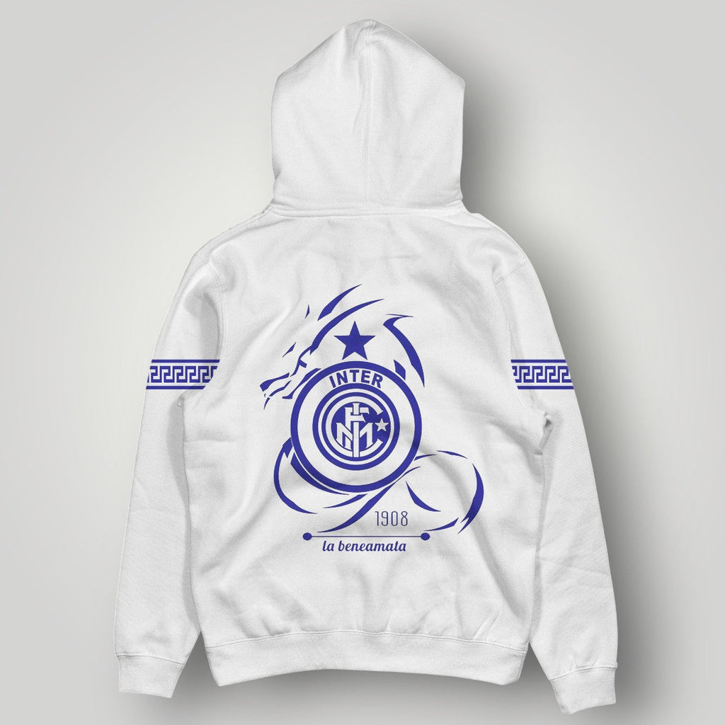 Inter Milan Dragon Crest Hoodie - Minimalist Blue IM Logo Pullover - White Nerazzurri Streetwear with Patterned Sleeves