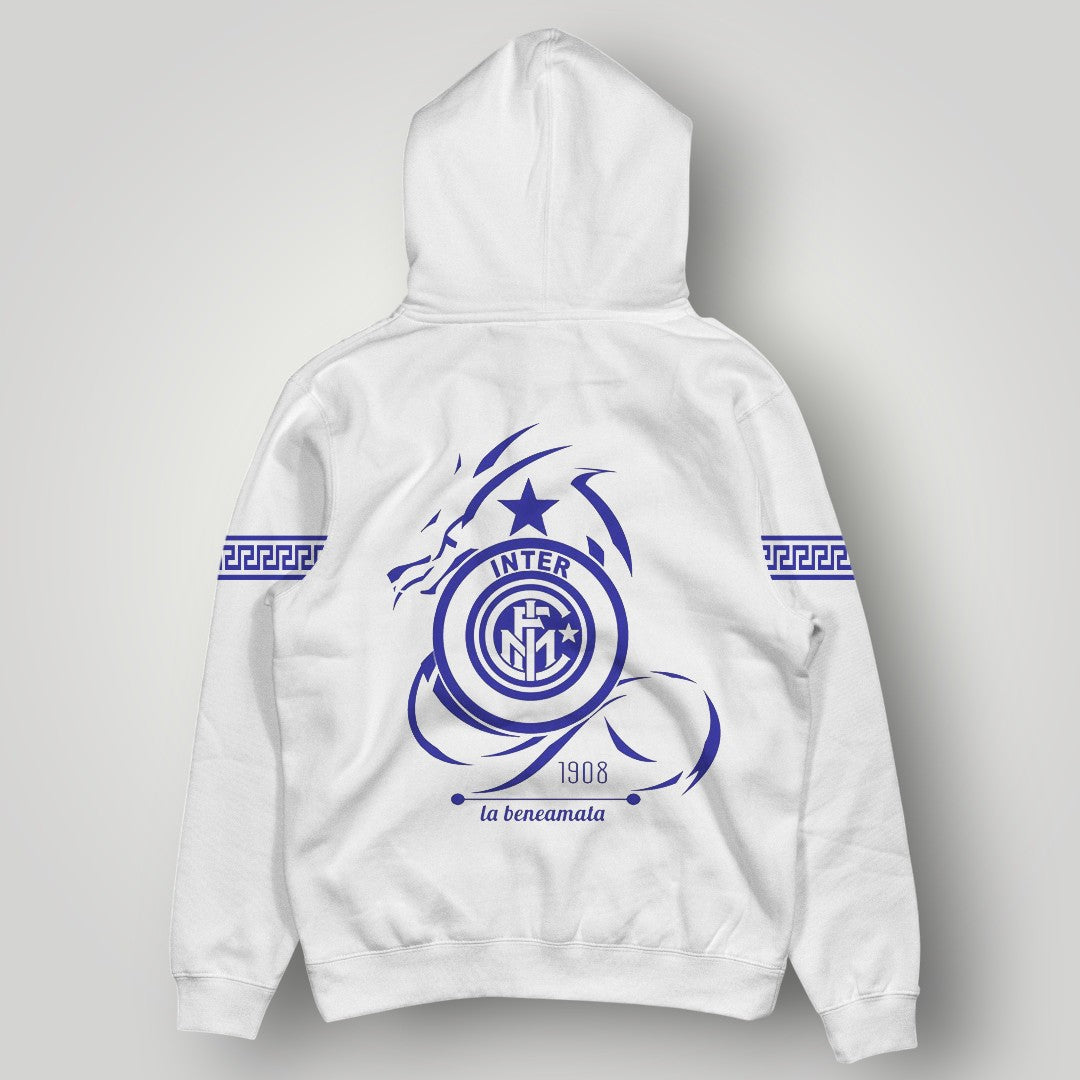 Inter Milan Dragon Crest Hoodie - Minimalist Blue IM Logo Pullover - White Nerazzurri Streetwear with Patterned Sleeves
