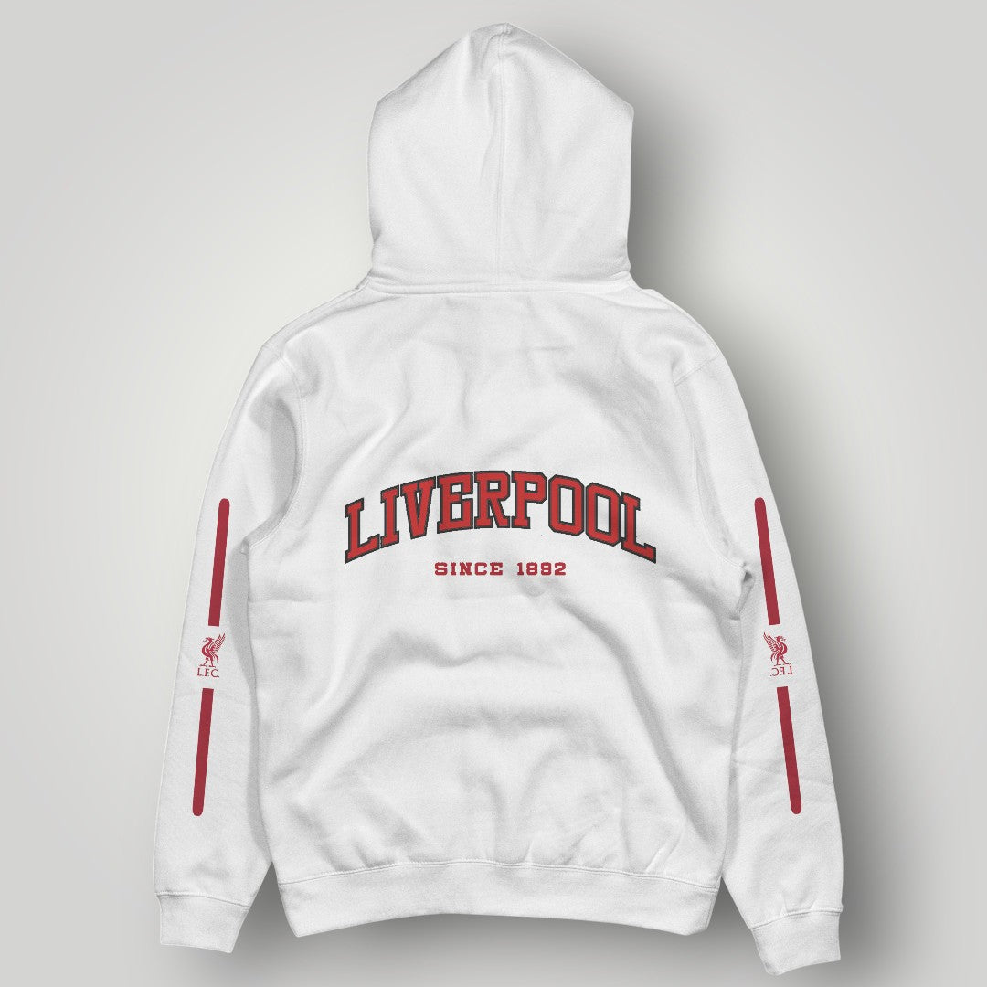 Liverpool F.C. Retro Circle Crest Hoodie - Red Typography & Side Stripe Fan Edition