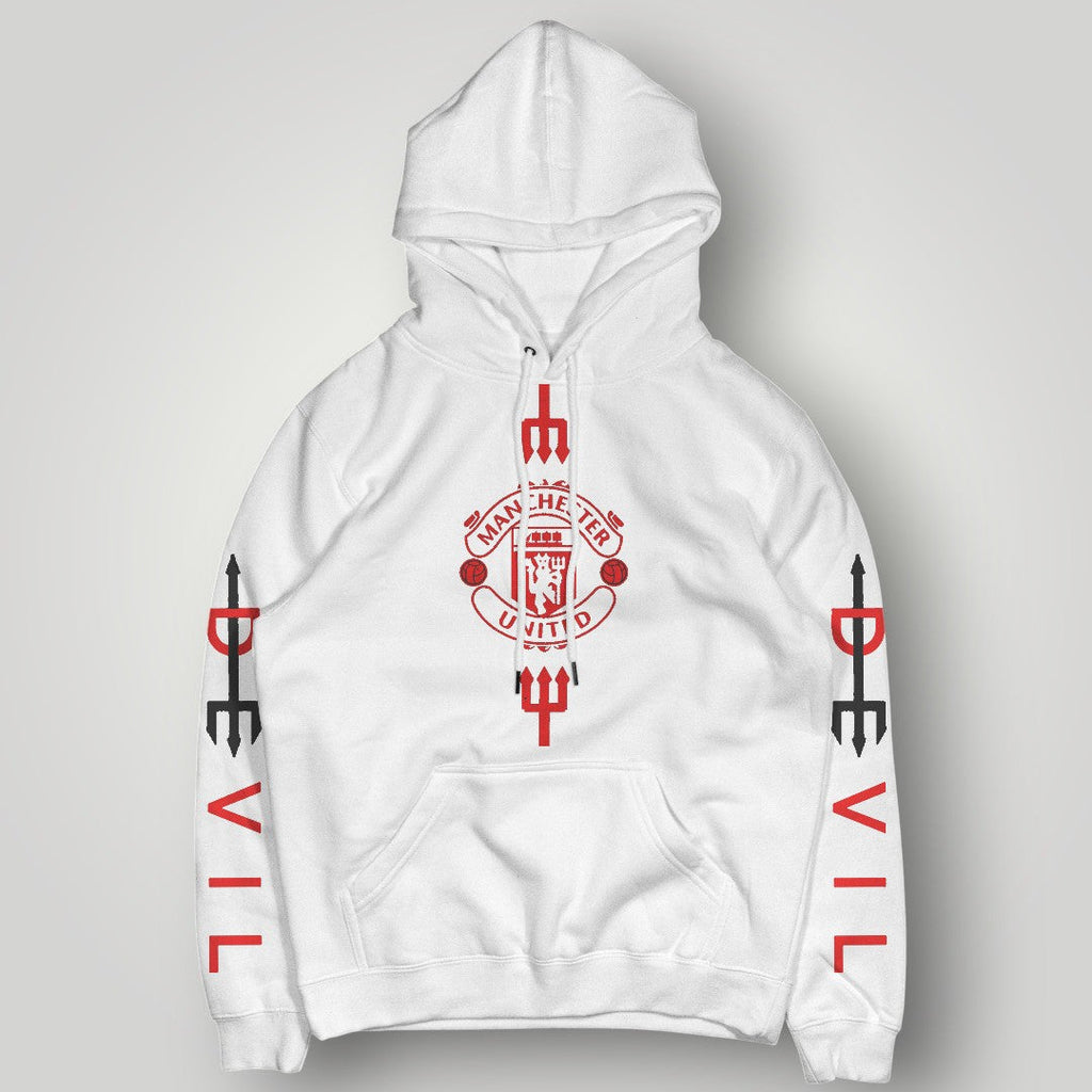 Manchester United "DEVIL" Bold Sleeve Print Hoodie - Black MUFC Trident Graphic Sweatshirt