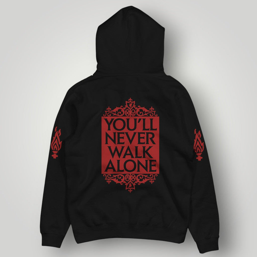 Liverpool F.C. Official Crest Black Hoodie - Eternal Flame Sleeve & YNWA Motto Edition