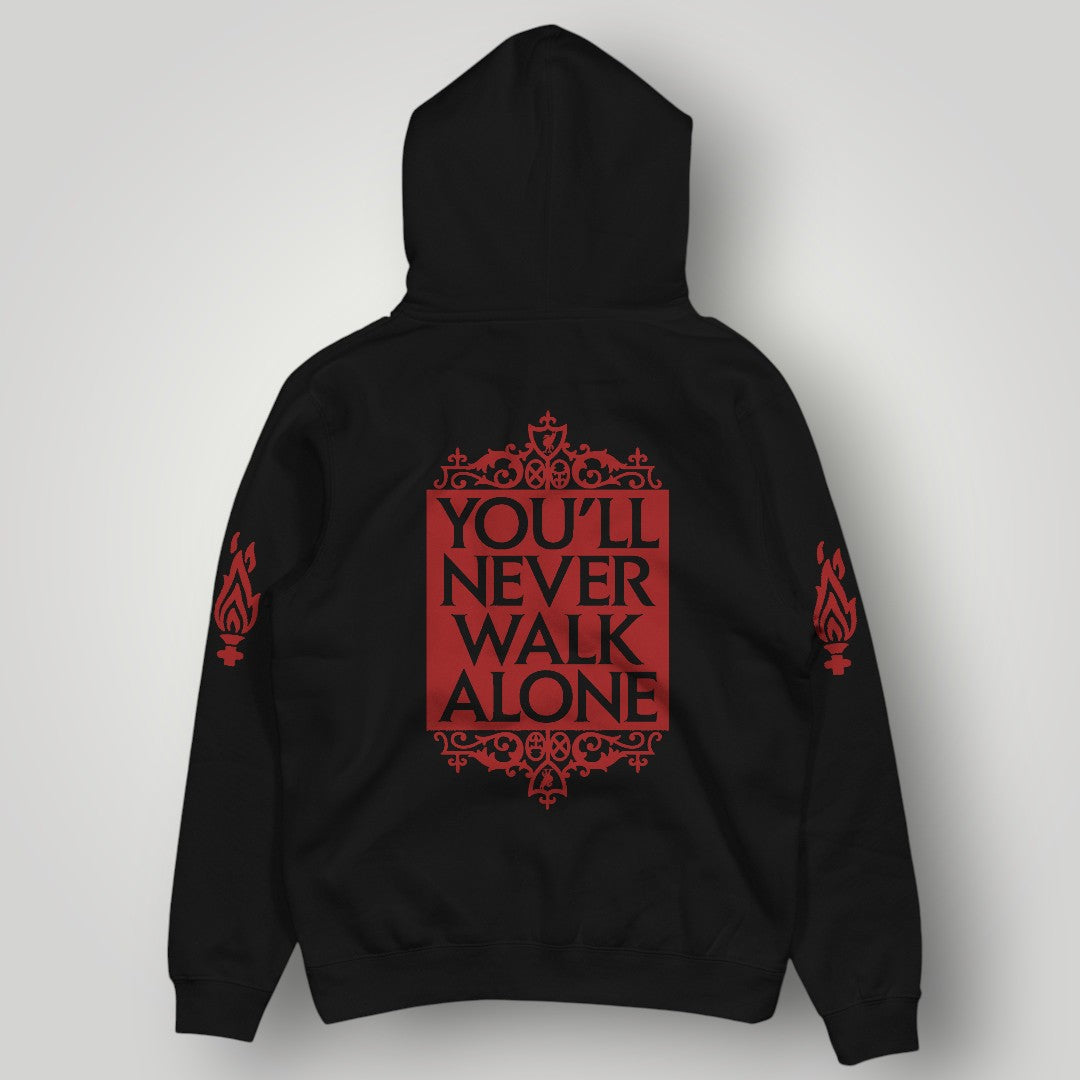 Liverpool F.C. Official Crest Black Hoodie - Eternal Flame Sleeve & YNWA Motto Edition